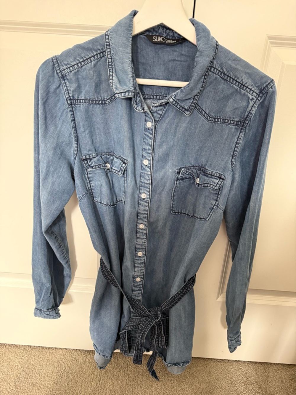 SUKO Denim Shirt Dress in Light Blue